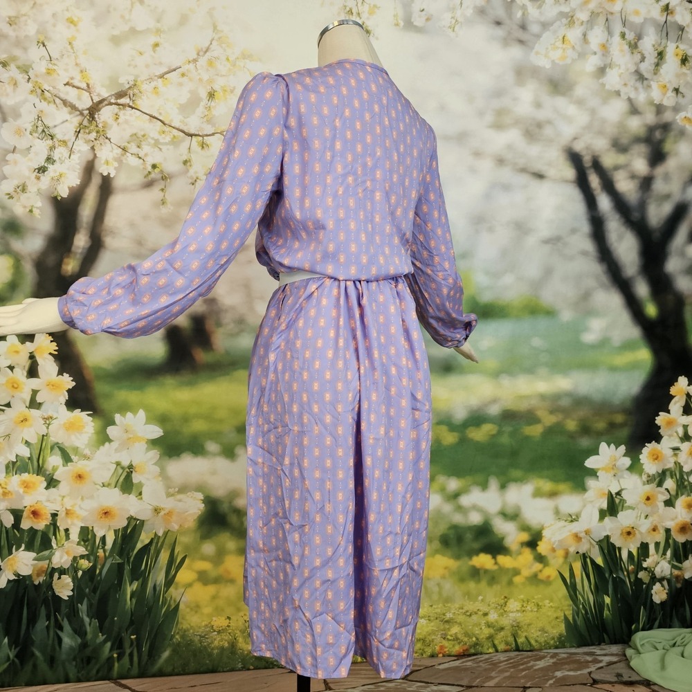 Vintage 1980's Dress Lilac Purple Print Long Sleeve Silky Retro Button Front‎ - Picture 10 of 12